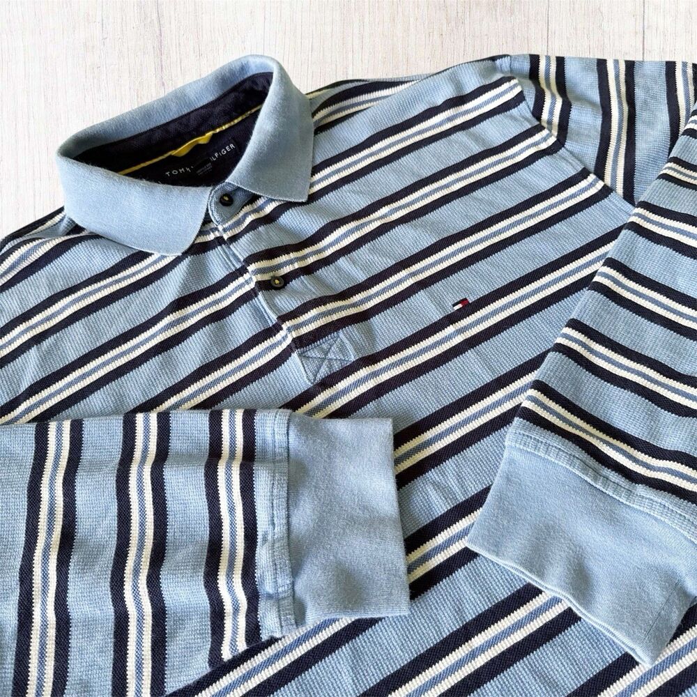 Vintage Y2K Tommy Hilfiger Long Sleeve Polo Shirt Striped Rugby Preppy Mens XL